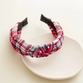 Detail of red and white checkered fabric headband with white embroidered stars and top knot - Twisted Knot / Red and White Plaid (Star Print)