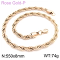 Heavy 8mm rose gold twisted rope chain necklace in titanium steel with lobster clasp - 8mm Width 55cm Length (KN228889-Z)