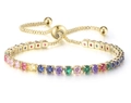 Adjustable gold rainbow tennis bracelet with multi-color square zircon stones - 3mm Gold Round Rainbow Stones