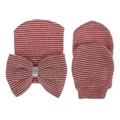 Vista detallada del conjunto de gorro y mitones de rayas rojas y blancas para recién nacido - Rojo Blanco