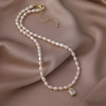 White Bead Gold Rect Pendant