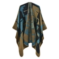 Detailed knit texture of thick cashmere-like shawl with abstract navy and mustard patterns - 135x155cm / Graffiti City Yellow