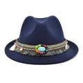Close-up of ethnic fedora with turquoise beadwork and pink fringe tassel details - M (56-58cm) / Navy Blue