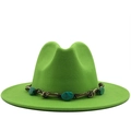 Lime green wool fedora hat with turquoise ethnic band and braided cord detail - M (56-58cm) / Fluorescent