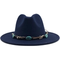 Detail of navy blue wool fedora hat featuring a bohemian turquoise stone woven band - M (56-58cm) / Navy Blue