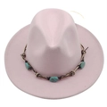 Detail of pink wool fedora with ethnic woven band and turquoise stone embellishments - M (56-58cm) / Pink