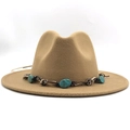Detail of camel wool fedora hat featuring a vintage ethnic style turquoise beaded band - M (56-58cm) / Camel