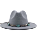 Detail of gray wool fedora featuring a turquoise beaded and braided leather ethnic band - M (56-58cm) / Gray