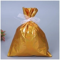 Golden holographic drawstring gift bag featuring a white organza bow and metallic texture - 24*32cm / Laser Gold