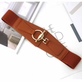 Dettaglio cintura elastica marrone vintage con inserto in pelle e fibbia a ginocchiera - Cachi