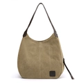 Khaki green canvas hobo shoulder bag with leather strap and front logo patch - Light Khaki