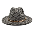 Grey wool fedora hat with leopard print band and golden star buckle for women - M (56-58cm) / Gray