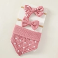 Detailed view of pink polka dot cotton bib and two soft bow headbands for newborns - 8-Pink Polka Dot