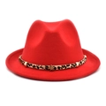 Detail view of red wide brim fedora hat featuring a leopard print band and gold star studs - M / 56-58cm / Red