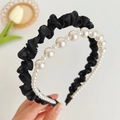 Detail of double-row headbands featuring black pleated satin and white gradient pearls - Pearl Mesh Pleated Headband / Black