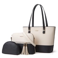 Three-piece tote bag set with black and white PU leather design and gold hardware - White and Black