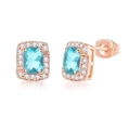 Rose gold square stud earrings featuring aqua blue zircon and pavé white crystals - Rose Gold + Aquamarine Earrings