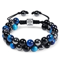 Men's double-layer 8mm blue tiger eye and onyx bead bracelet with tree of life charm - Natural Tiger's Eye Bracelet-2 (Blue)