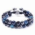 Double-layer blue tiger eye and black hematite beaded bracelet with adjustable cord - Blue Tiger Eye + Obsidian + Hematite