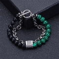 Detail of tiger eye bead bracelet with silver chain and T-bar clasp closure - Matte Stone + Malachite (Silver Chain)