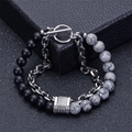 Detail of double-layer bracelet with matte black beads and silver link chain with T-bar clasp - Matte Stone & Map Stone