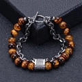 Detail of men's double-layer bracelet with tiger eye beads and silver metal chain link - Yellow Tiger Eye (Silver Chain)