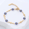 Bracciale in acciaio inossidabile placcato oro 18k con fiori blu e ciondoli a croce - Fiore Blu Scuro