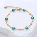 Bracciale in acciaio inossidabile placcato oro 18k con fiori blu e croci dorate - Fiore verde acqua