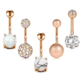 Set of five rose gold belly button rings featuring opal, marble, and cubic zirconia stones - Rose Gold Style