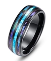Polished black titanium ring with triple inlaid colorful dragon shell and opal bands - US 5 / Black Wood Opal