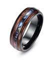 Men's black titanium steel ring with inlaid wood texture and colorful abalone shell inlay - Black Wood Shell
