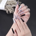 Uñas postizas largas tipo ataúd con diseños de hojas en negro, malva y plata - CBLCY-21 (Tipo Pegamento de Gelatina)