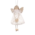 White faux fur Christmas angel ornament with golden sequin wings and wooden beads - White Heart Angel Star Skirt / White