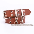 Brown punk leather belt with silver double grommets and detachable metal chains - Camel with Chain