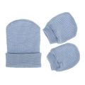 Detail of blue and white striped baby beanie and anti-scratch mittens set in soft cotton - Blue and White Stripes