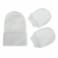 White double-layered knitted newborn hat and anti-scratch mittens set in soft cotton - White