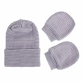 Close-up of purple and white striped baby beanie and mittens made of soft knit cotton - Purple White