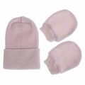 Pink and white striped newborn baby knit hat and matching gloves set on white background - Pink