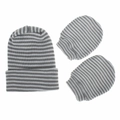 Detail of gray and white striped baby hat and mittens set in thick knitted cotton - Grey/White