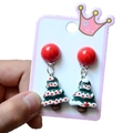 Detail of resin Christmas tree earrings with colorful ornaments on a white display card - Style 9 Christmas Tree Dangle