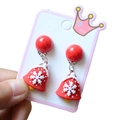 Christmas earrings featuring red jingle bells with white snowflake patterns on a card - Style 17 Snowflake Bell Dangle