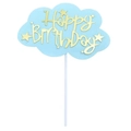 Detail of light blue cloud-shaped cake topper with gold Happy Birthday text on white background - 1 Piece / Blue Gold