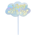 Holographic light blue cloud cake topper with golden Happy Birthday text and stars - 1 Piece / Silver Gold