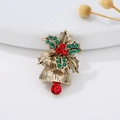 Festive Christmas bell brooch with red berries and holly leaves in gold finish - Red Drip Oil Bell with Bow