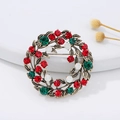 Christmas wreath brooch with red and green rhinestones in vintage gold alloy finish - Round Wreath 2