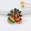 Christmas bell brooch with red bow, holly leaves and crystals on white background - Golden Christmas Bell with Bow