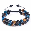 Double-layer adjustable bead bracelet with natural tiger eye and obsidian stones for men - Blue Tiger Eye + Yellow Tiger Eye + Obsidian
