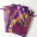 Purple organza drawstring bags with metallic gold coral pattern for jewelry packaging - 13*18cm / Deep Purple Coral