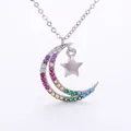 Rainbow gradient moon and star pendant necklace with colorful cubic zirconia in silver - Style 1-Silver