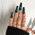 Uñas postizas de bailarina largas con juego de anillos de nudillos en oro y plata - Verde Oscuro (JP790)